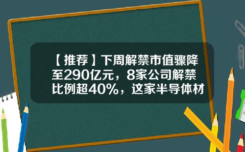 【推荐】下周解禁市值骤降至290亿元，8家公司解禁比例超40%，这家半导体材料龙头高达7成-中新天马玻璃纤维制品公司